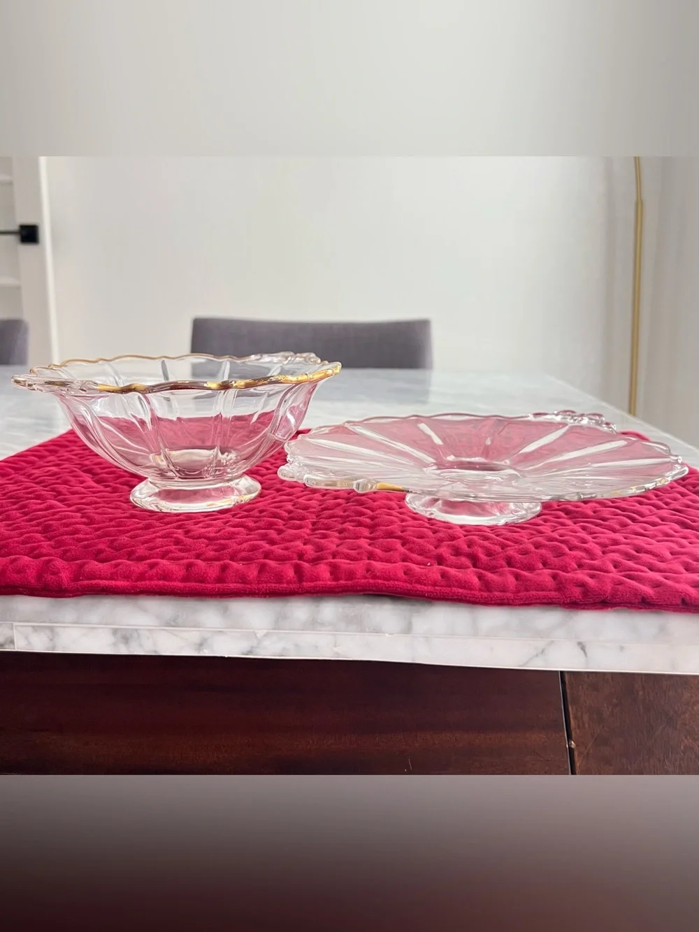 Vintage Clear Glass Serving Bowl & Platter with Gold Trim